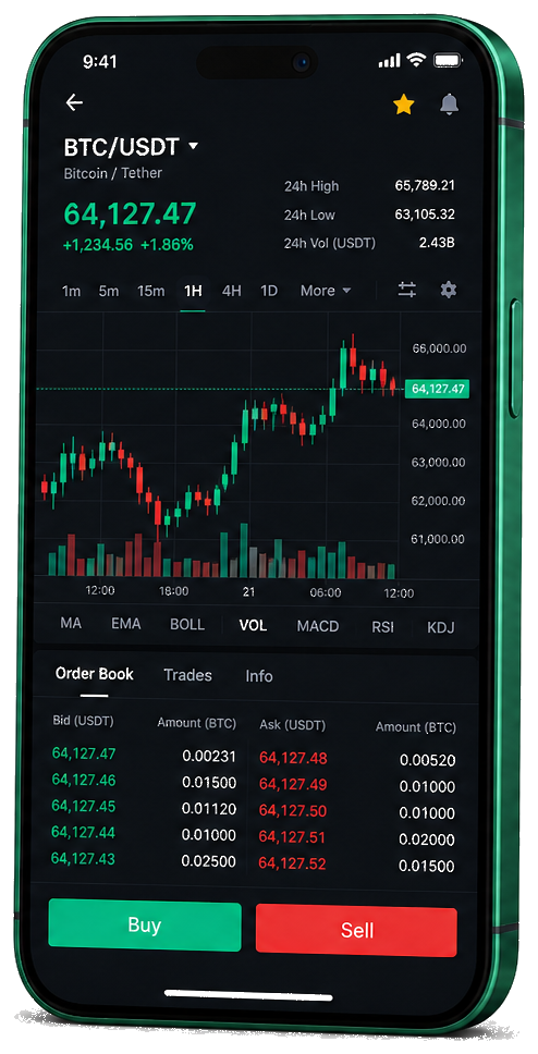 Sakalas Naudynas mobilioji prekybos platforma – tiesioginė BTC/USDT diagrama, užsakymų sąrašas ir pirkimo-pardavimo valdikliai